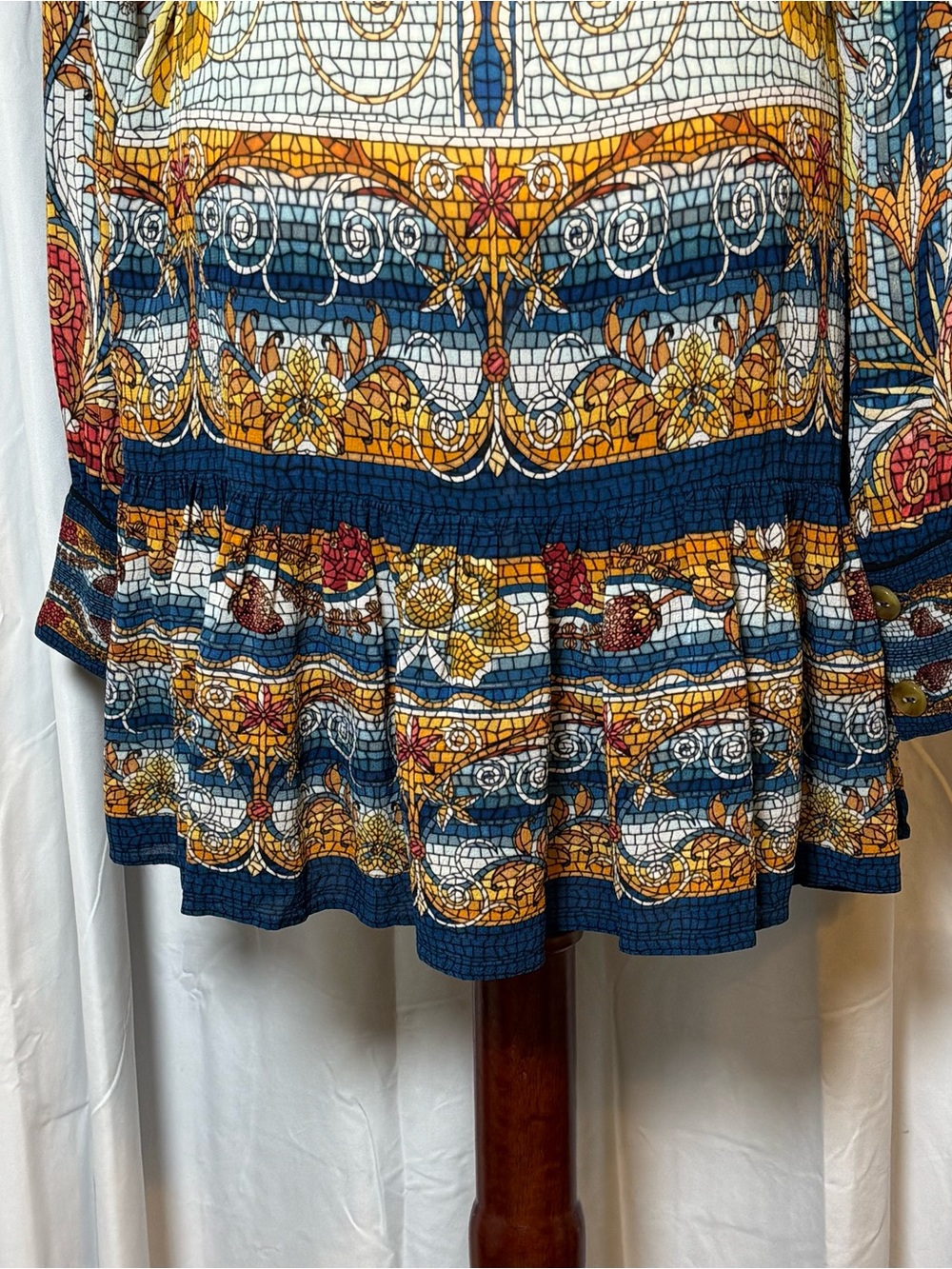 Farm Rio Mosaic Garden Mini Dress Belted Button Front Floral Boho Small - Picture 13 of 16